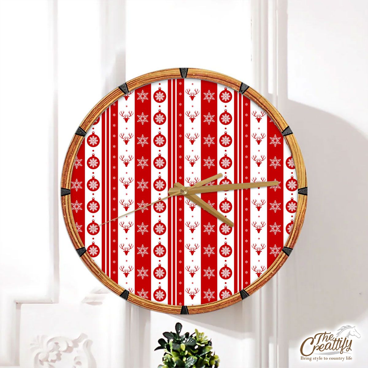 Christmas Balls, Reindeer, Snowflake Clipart Red And White Stripe Pattern Wall Clock