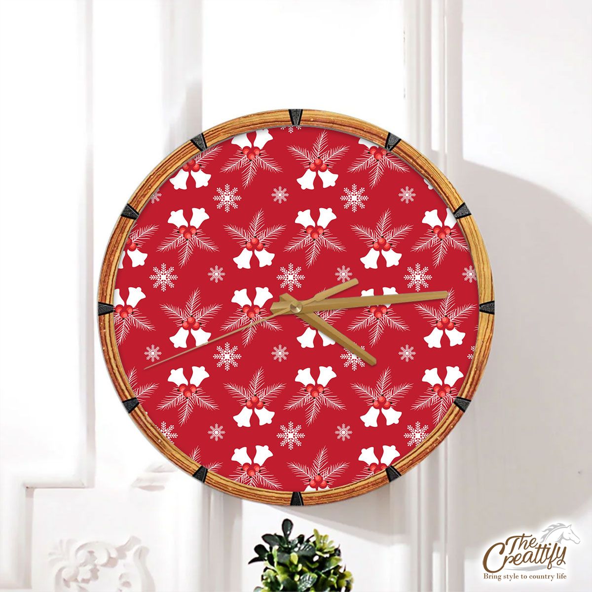 Christmas Bells With Cranberries On The Snowflake Red Background Wall Clock