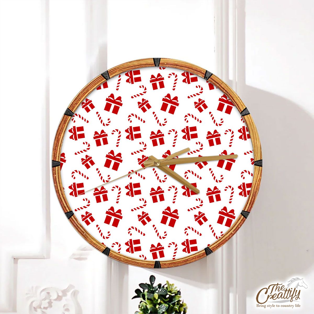 Christmas Gifts And Candy Canes Seamless White Pattern Wall Clock