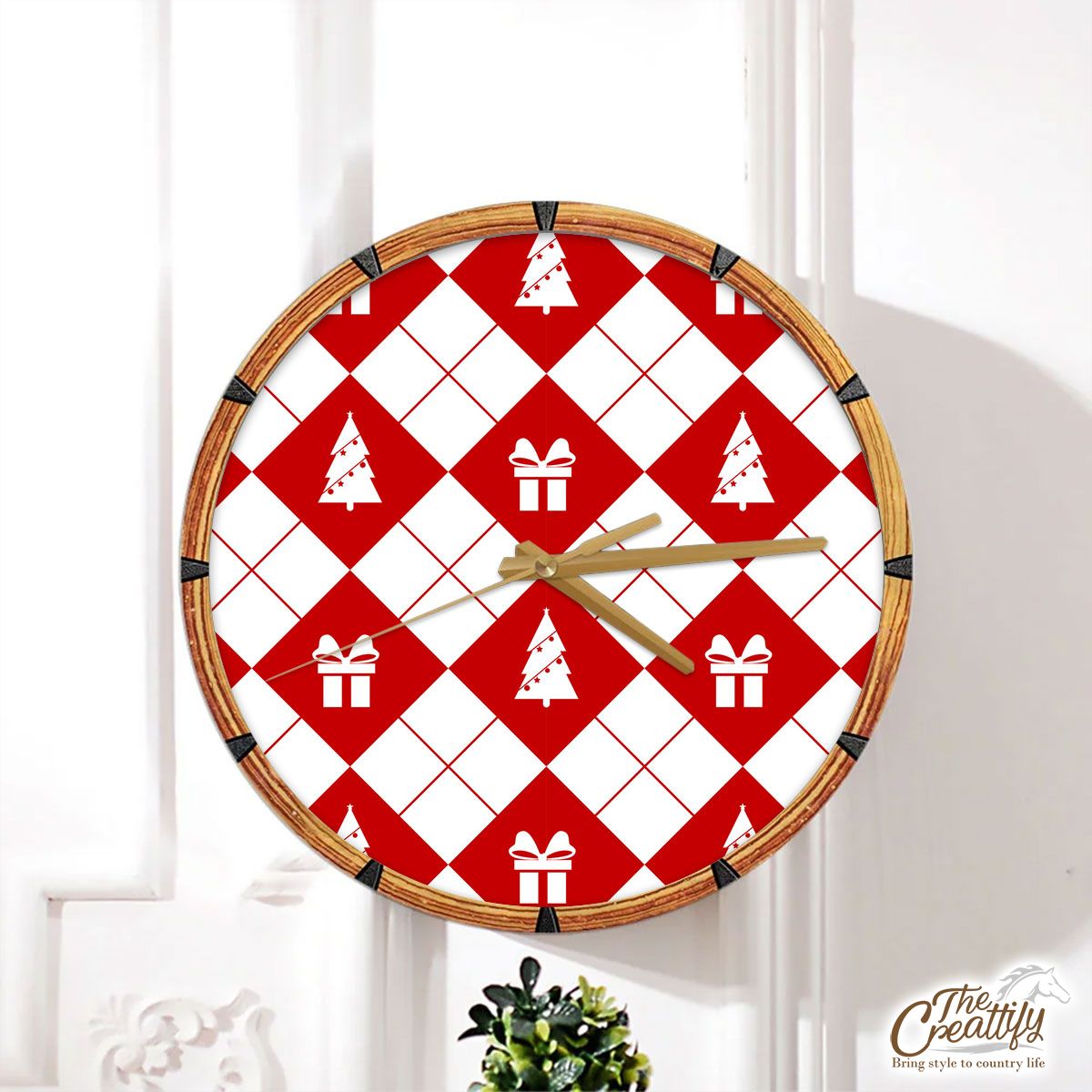 Christmas Gifts And Pine Tree Decorated With Lights On Red And White Background Wall Clock