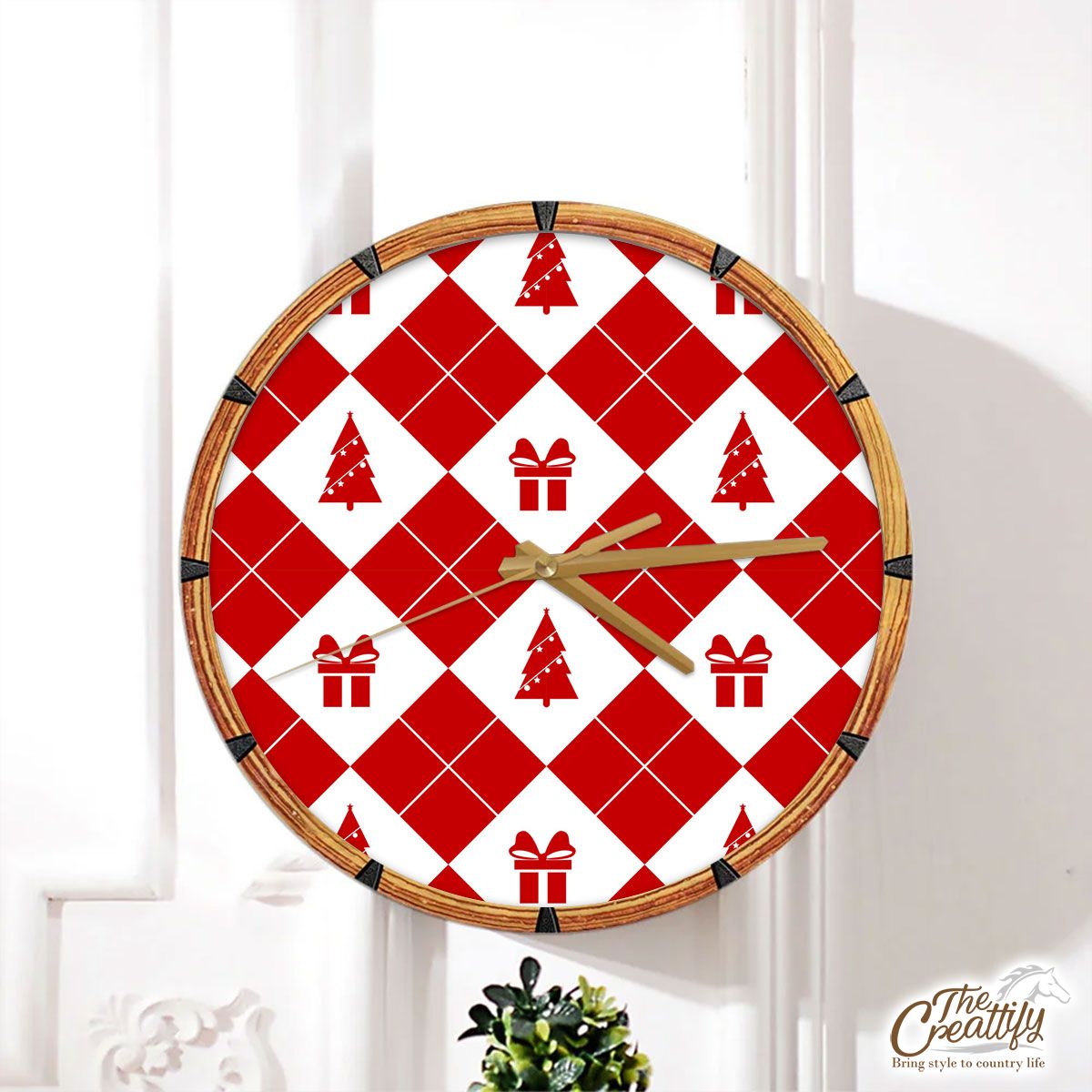 Christmas Gifts, Pine Tree Red And White Checkerboard Seamless Pattern Wall Clock