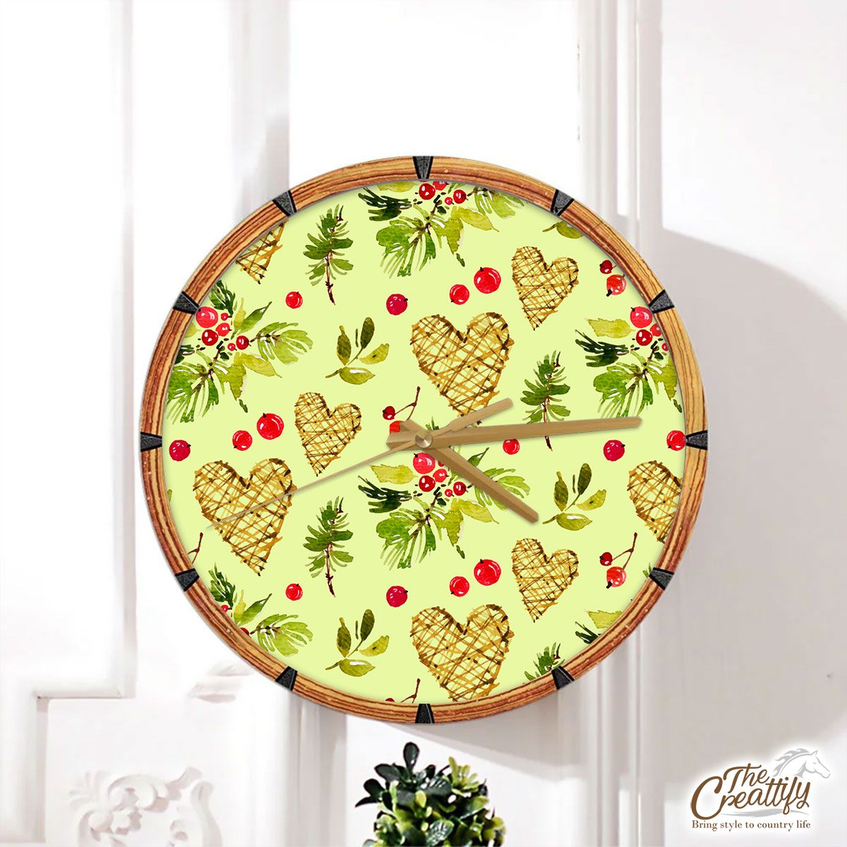 Christmas Mistletoe Drawing With Heart Seamless Pattern Wall Clock
