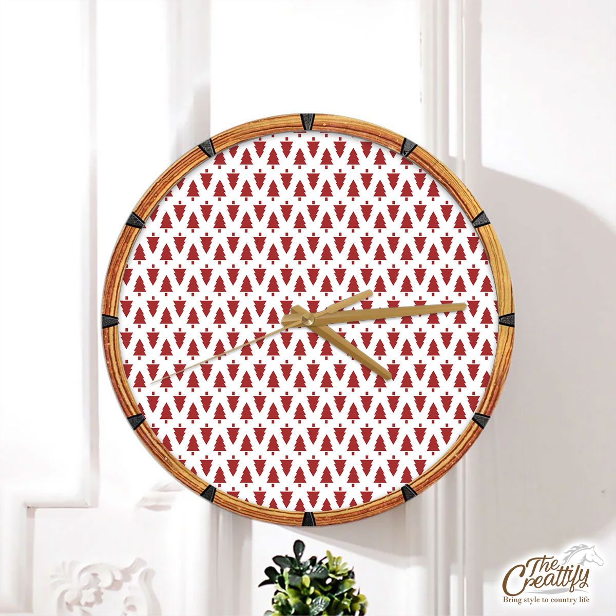 Christmas Pine Tree Silhouette Seamless Pattern Wall Clock
