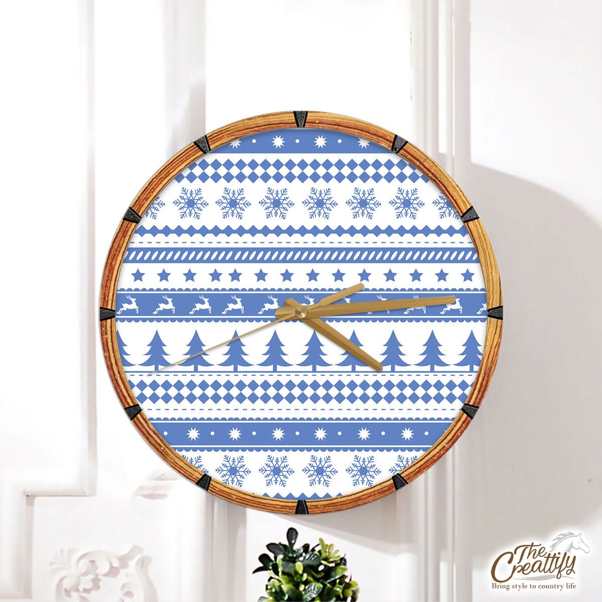 Christmas Pine Tree Silhouette, Reindeer And Snowflake Seamless Blue Pattern Wall Clock