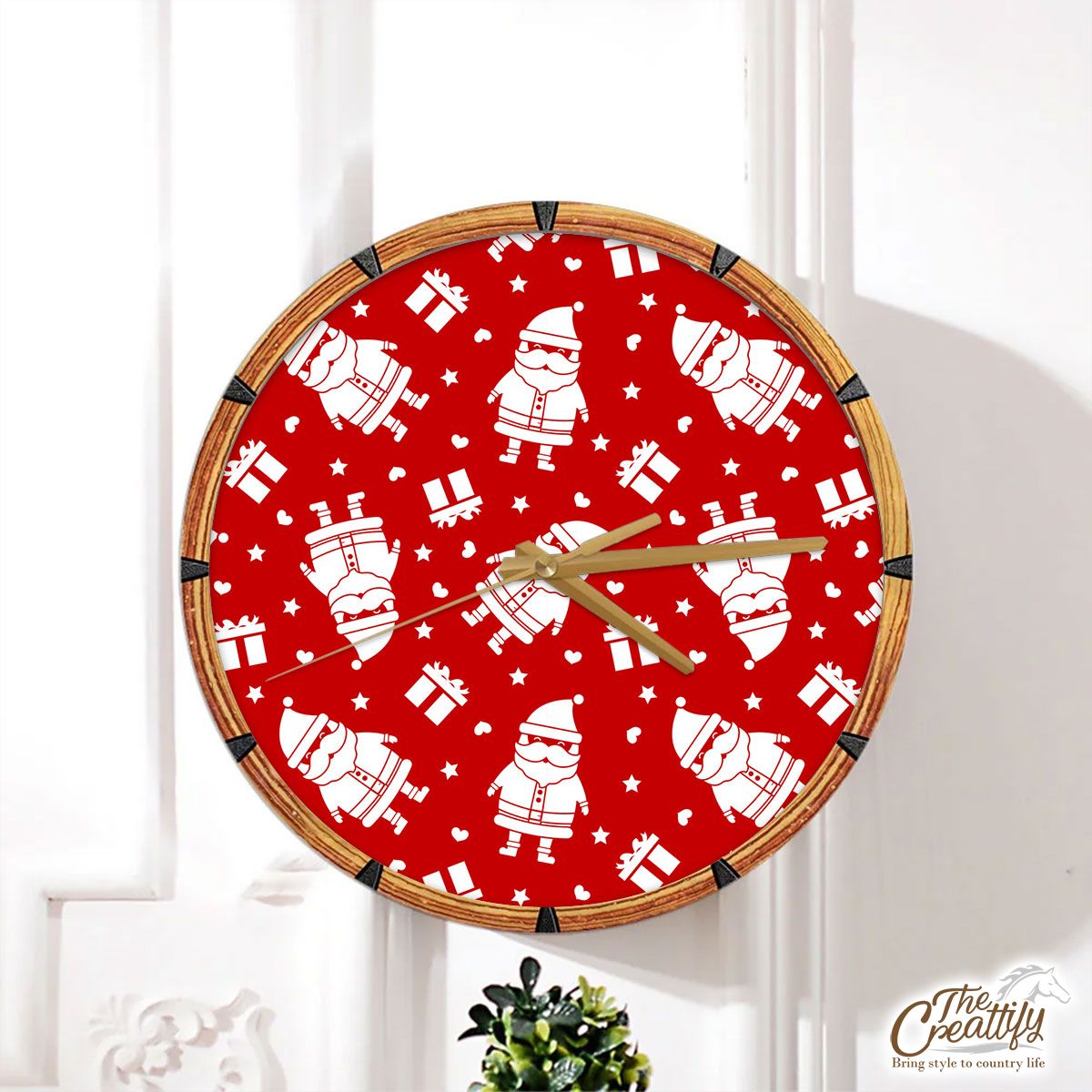 Cute Santa Claus With Christmas Gifts On The Red Background Wall Clock