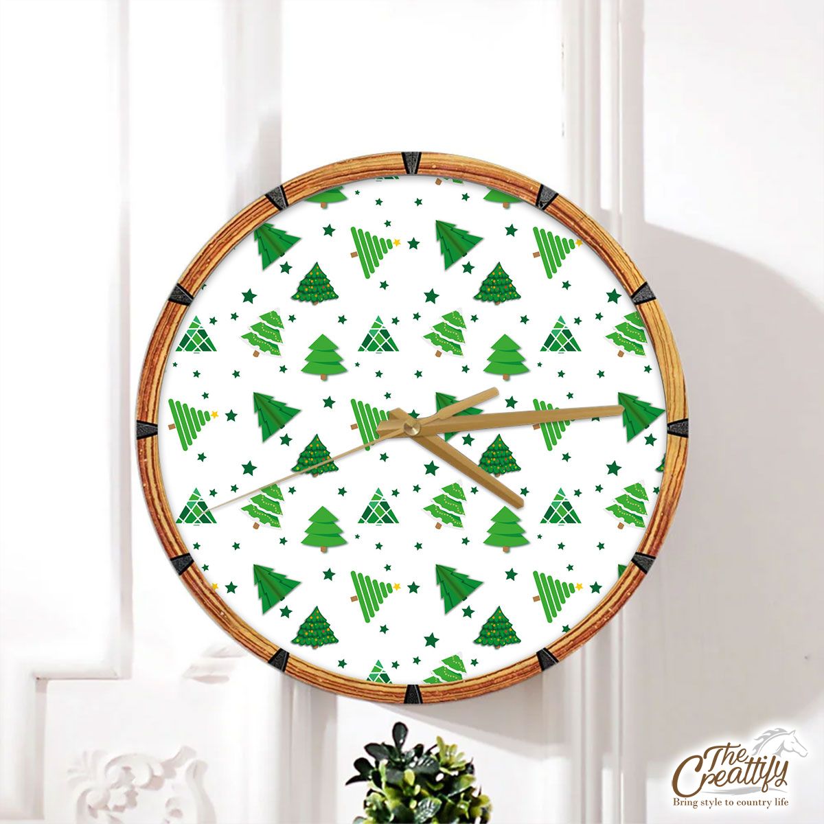 Green And White Pine Tree Seamless Pattern Wall Clock