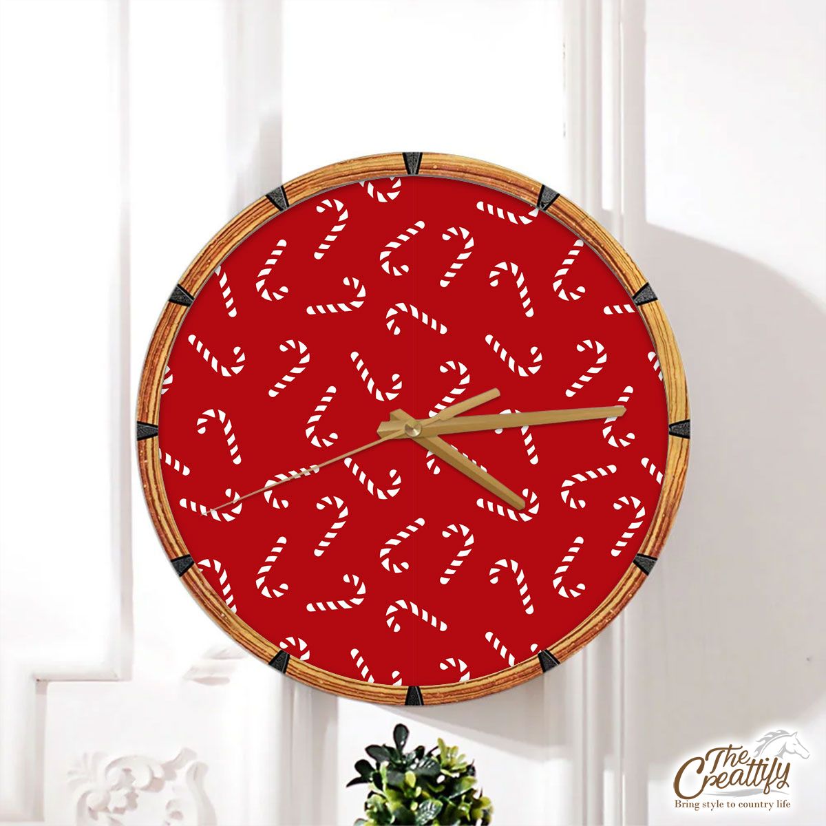 Happy Christmas With Candy Canes Seamless Red Pattern Wall Clock