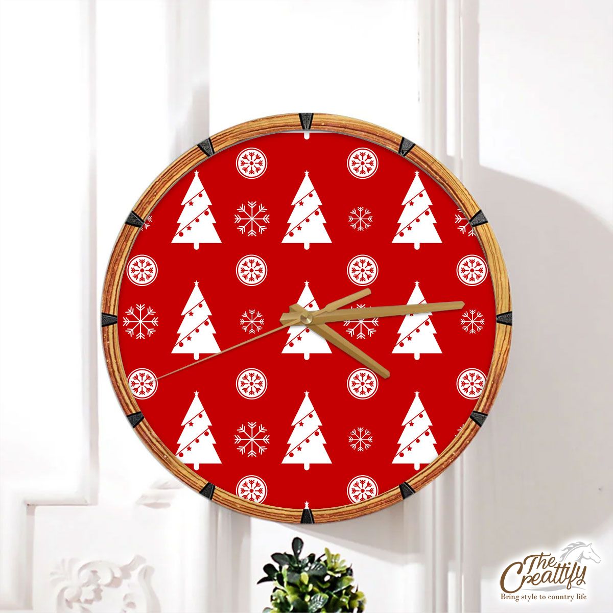 Pine Tree Decorated With Christmas Light And Snowflake Seamless Red Pattern Wall Clock