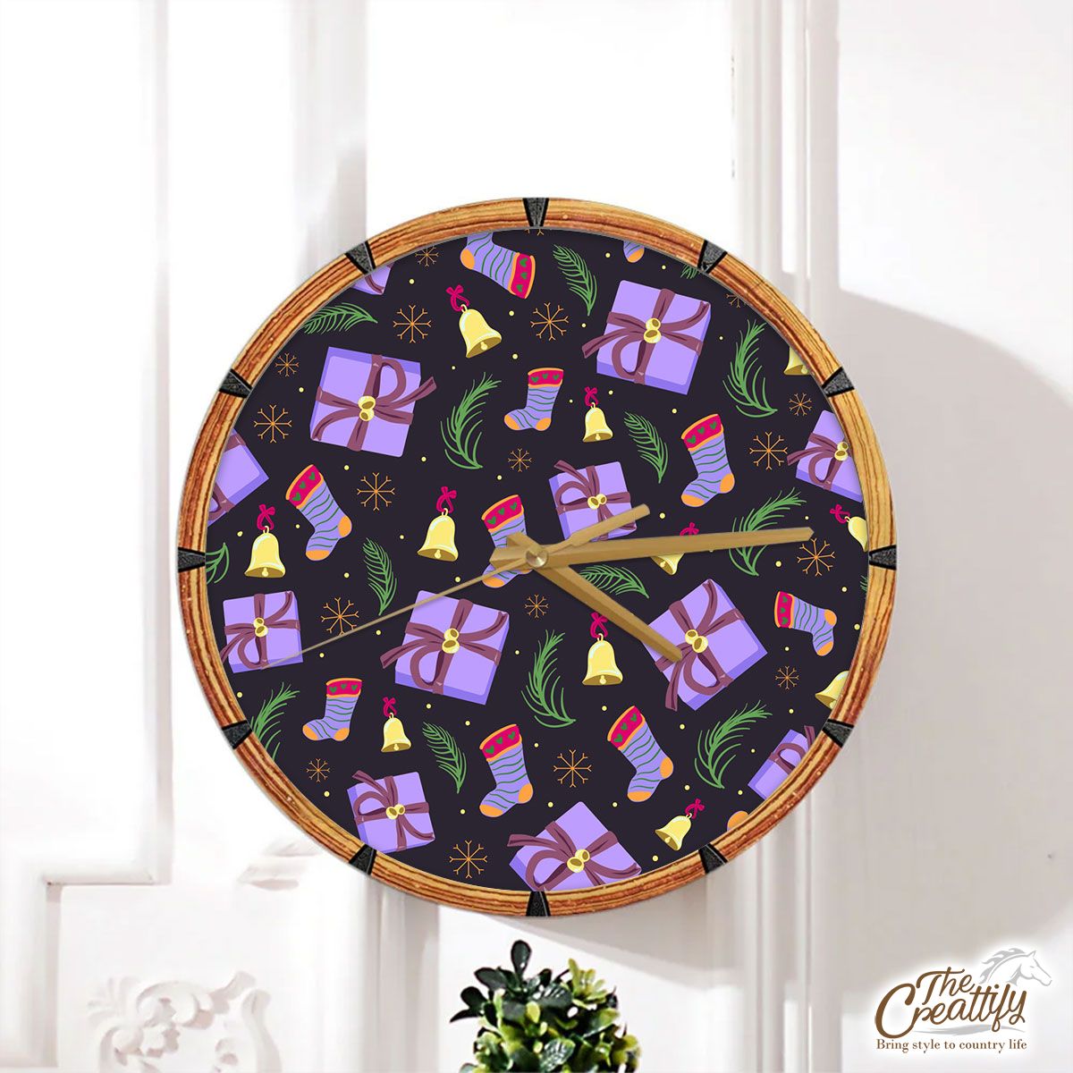 Purple Christmas Gifts And Socks With Bells On The Snowflake Dark Background Wall Clock