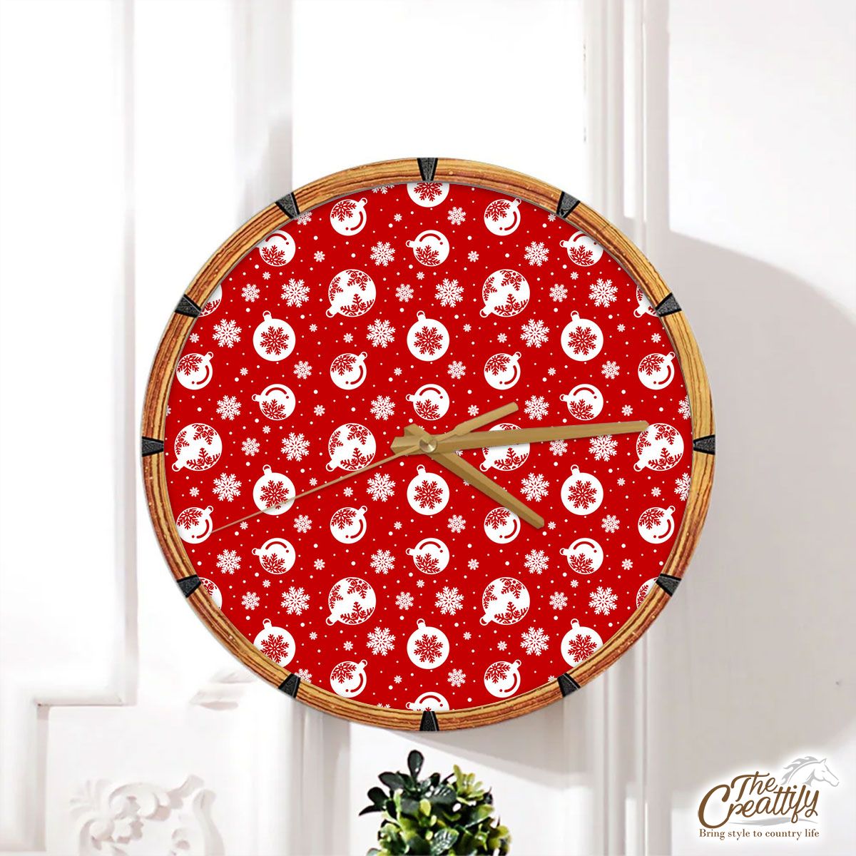Red And White Christmas Balls On The Snowflake Background Wall Clock