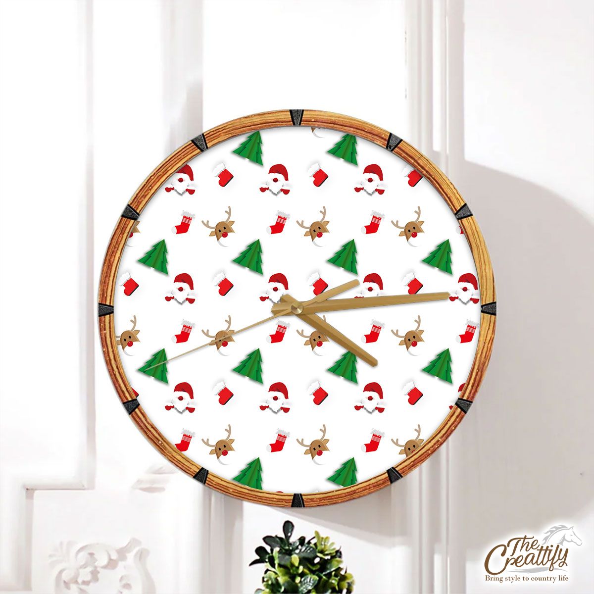 Santa Claus, Pine Tree Silhouette, Christmas Reindeer And Red Socks Seamless Pattern Wall Clock