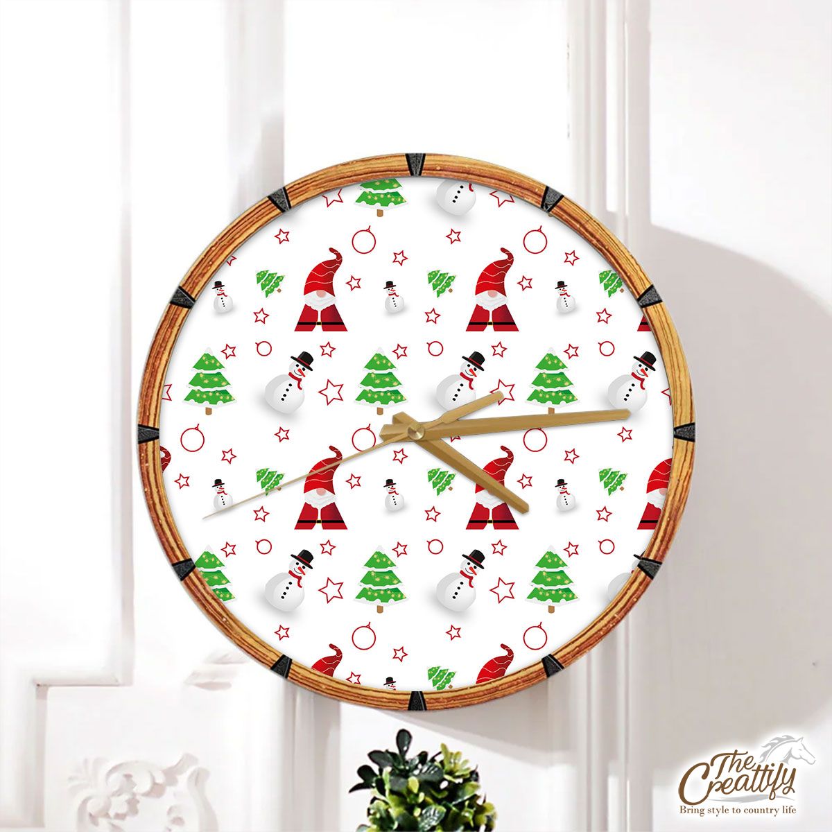 Santa Claus, Snowman Clipart And Pine Tree Silhouette Seamless Pattern Wall Clock