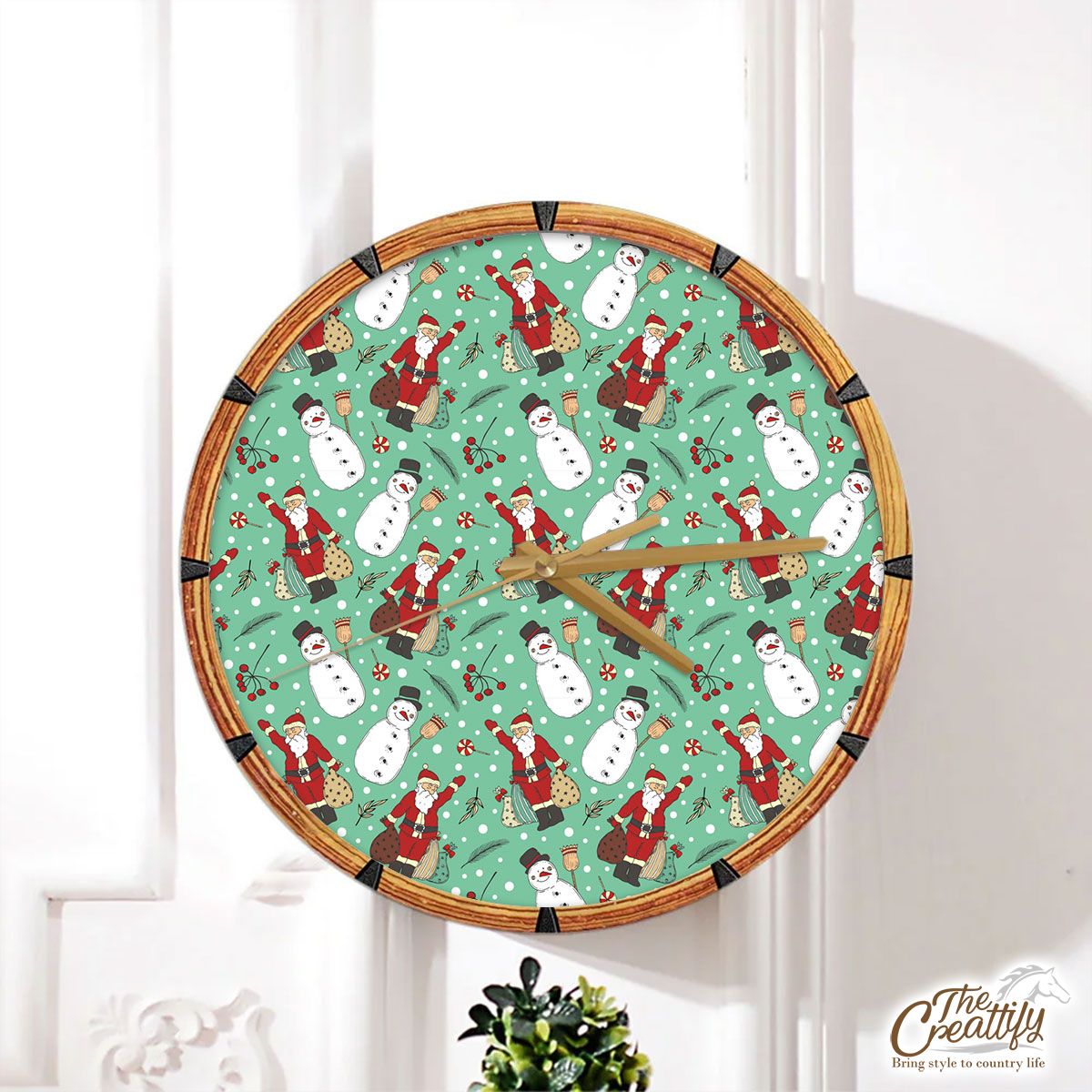 Santa Claus, Snowman Clipart Seamless Pattern Wall Clock