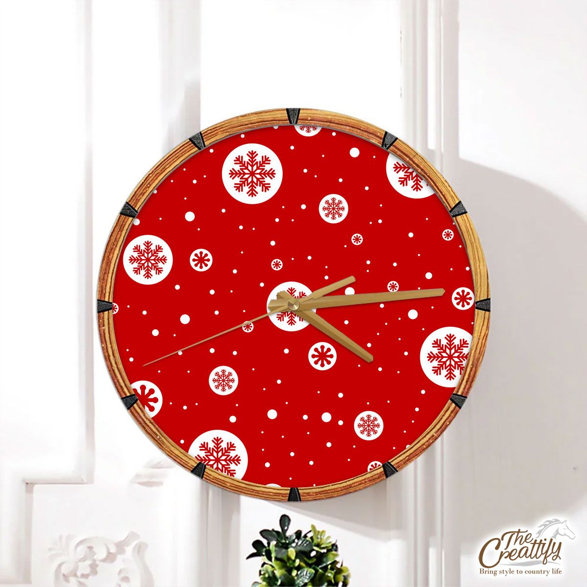 Snowflake Clipart On The Red Background Wall Clock