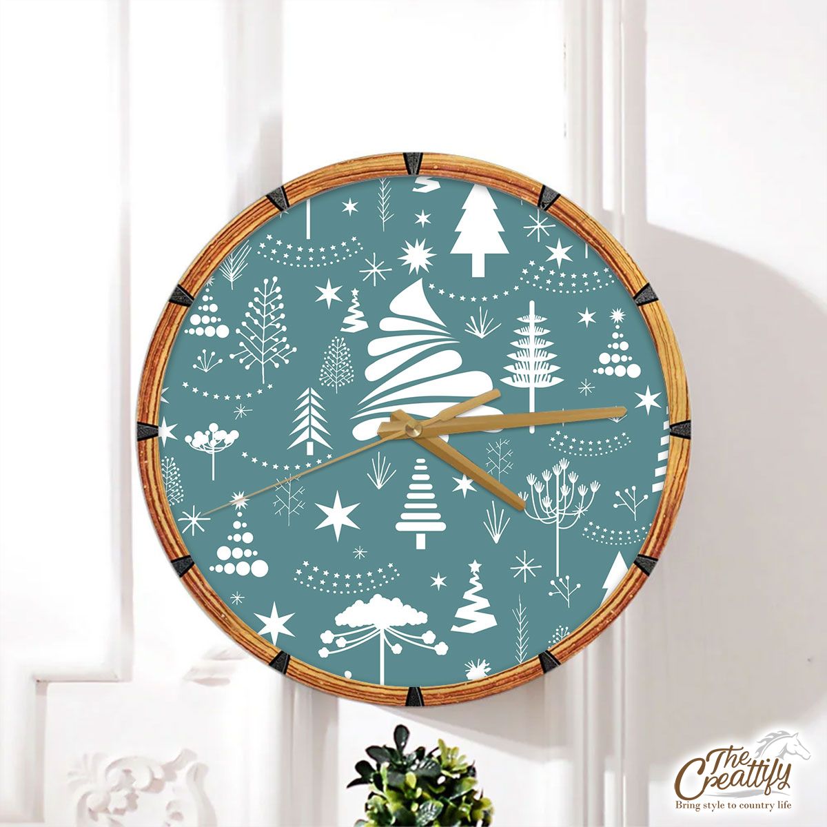 White And Blue Pine Tree Silhouette Pattern Wall Clock