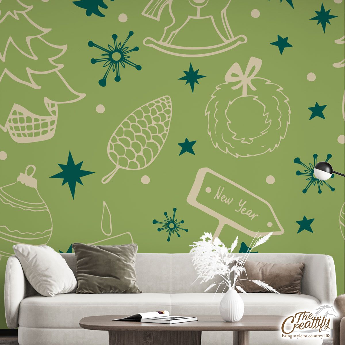 Christmas Balls, Pine Tree Silhouette On The Snowflake Background Wall Mural