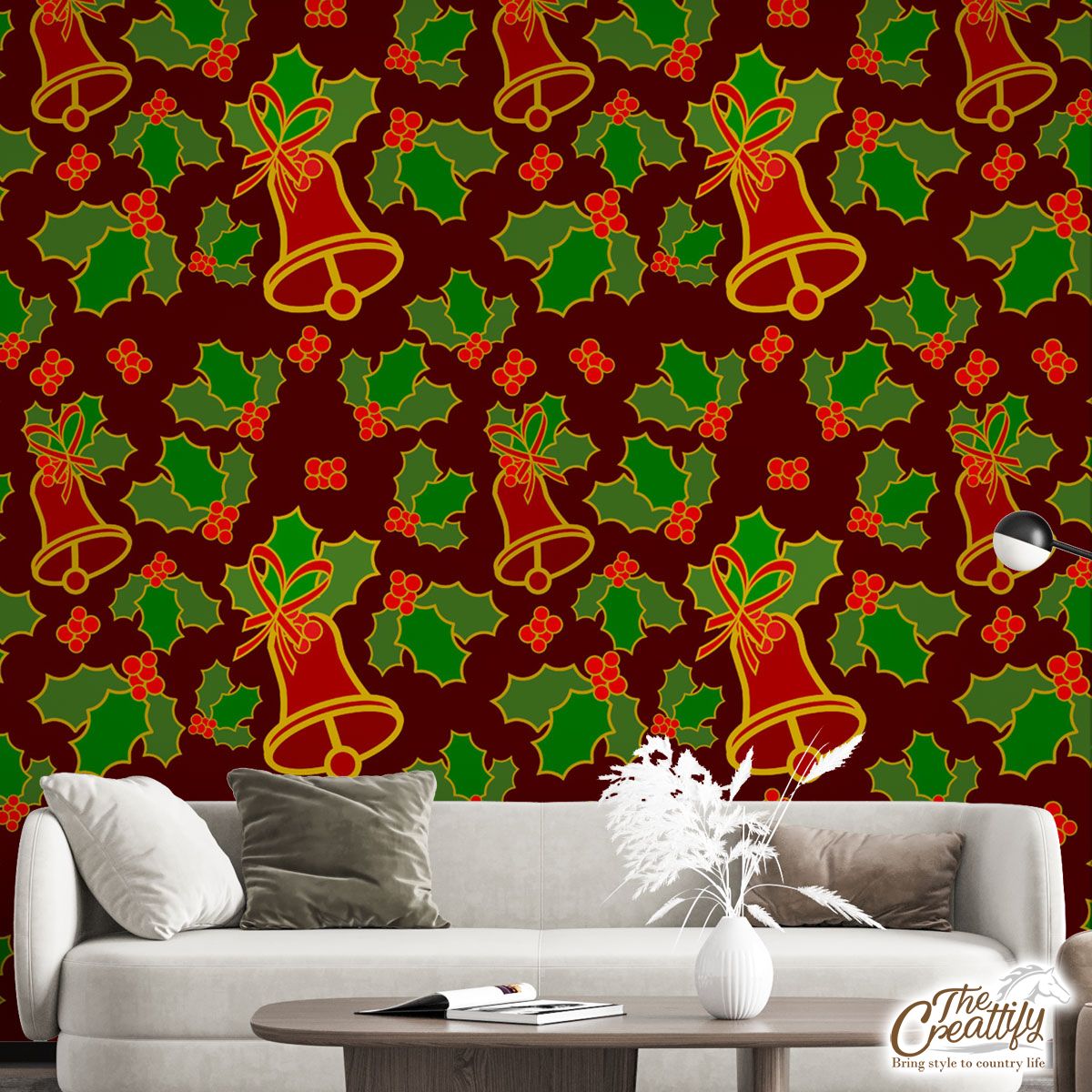 Christmas Bells And Holly Left On The Red Background Wall Mural
