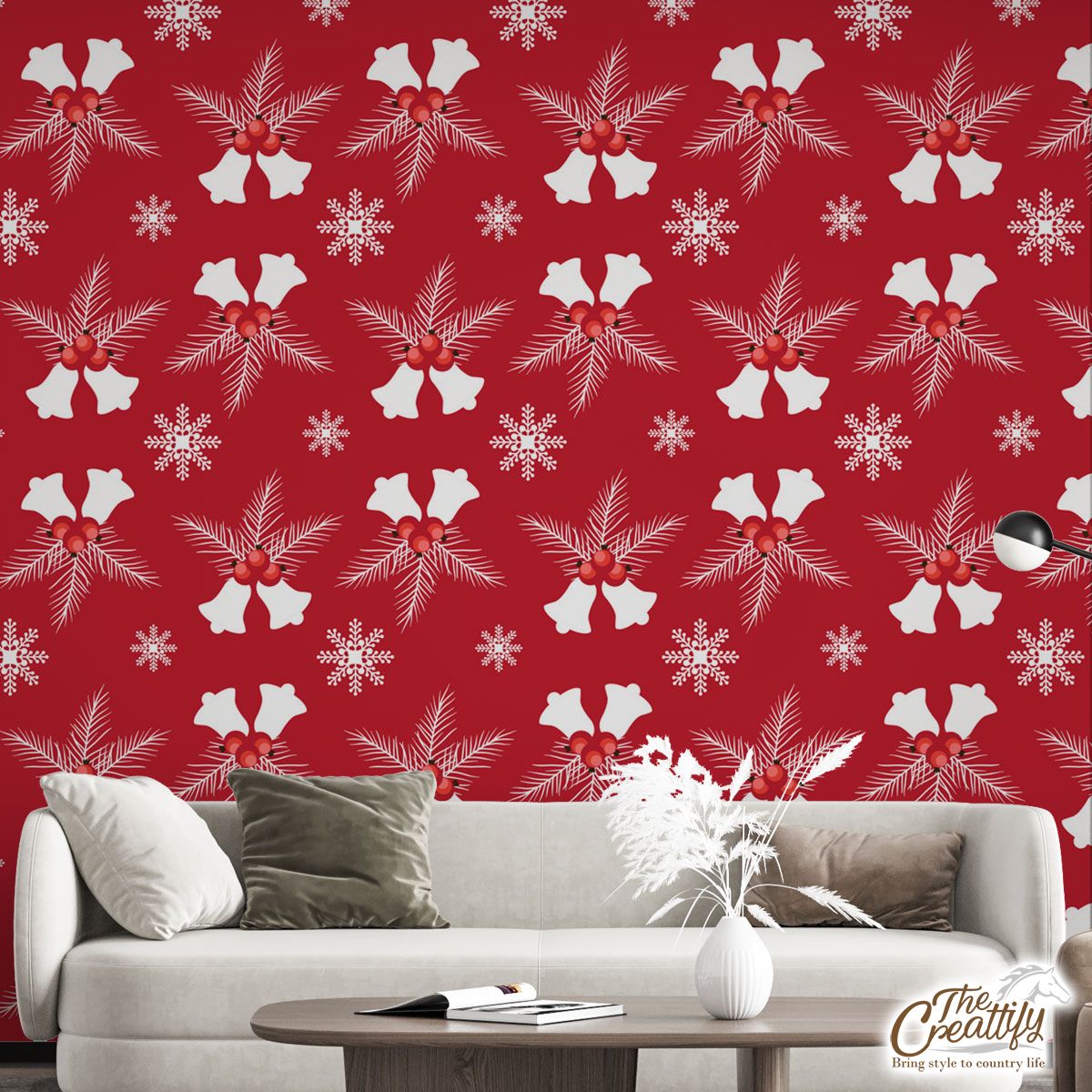 Christmas Bells With Cranberries On The Snowflake Red Background Wall Mural