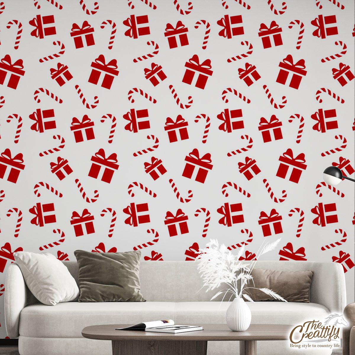 Christmas Gifts And Candy Canes Seamless White Pattern Wall Mural