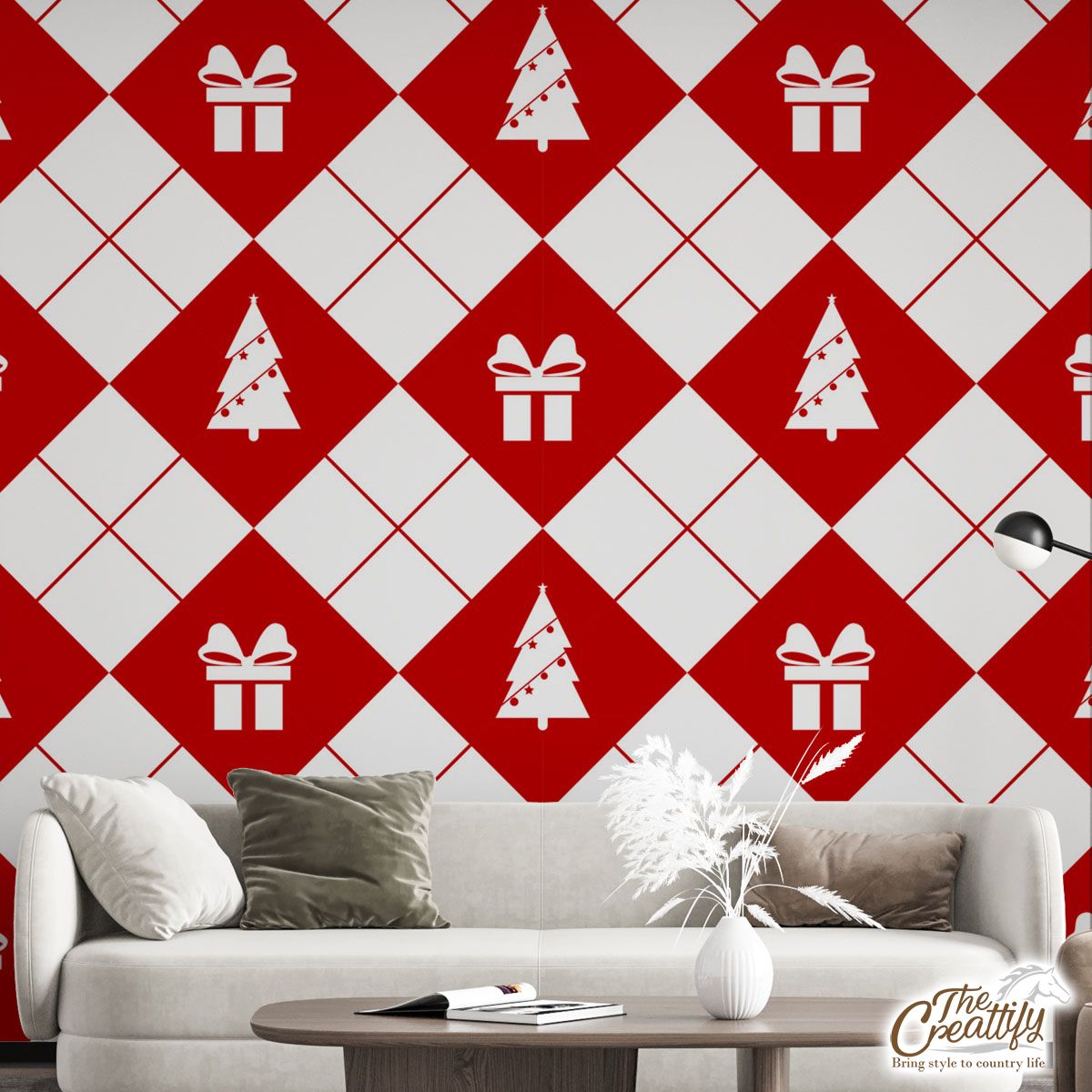 Christmas Gifts And Pine Tree Decorated With Lights On Red And White Background Wall Mural