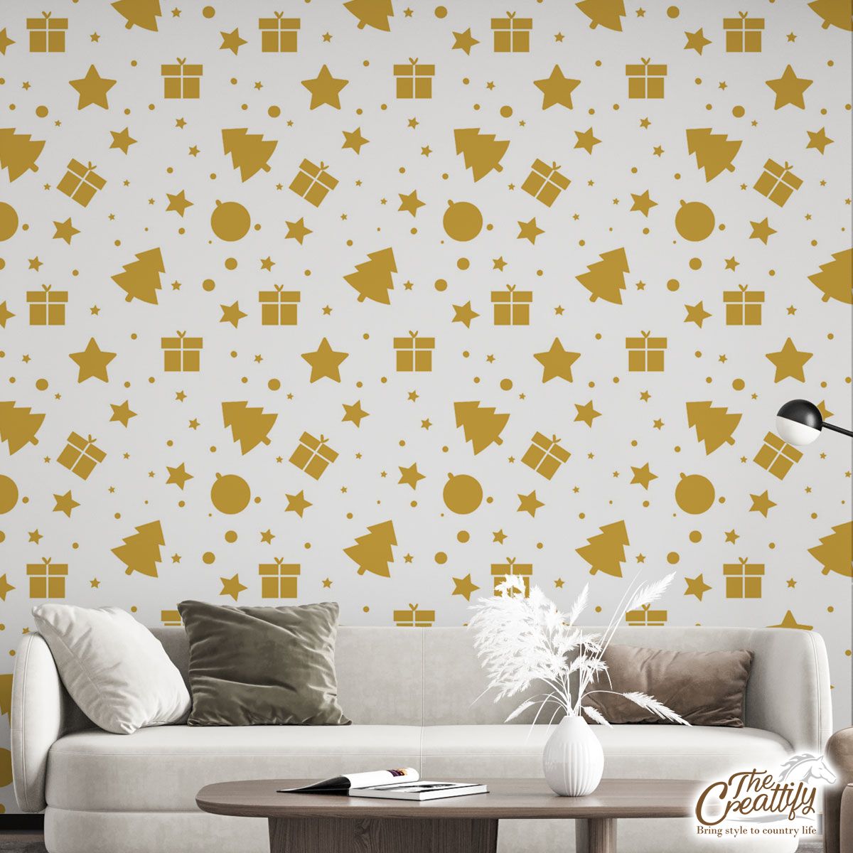 Christmas Gifts, Baudles And Pine Tree Silhouette Filled In Gold Color Pattern Wall Mural