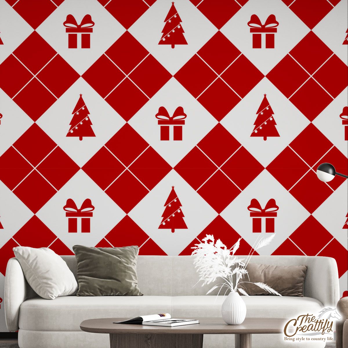 Christmas Gifts, Pine Tree Red And White Checkerboard Seamless Pattern Wall Mural