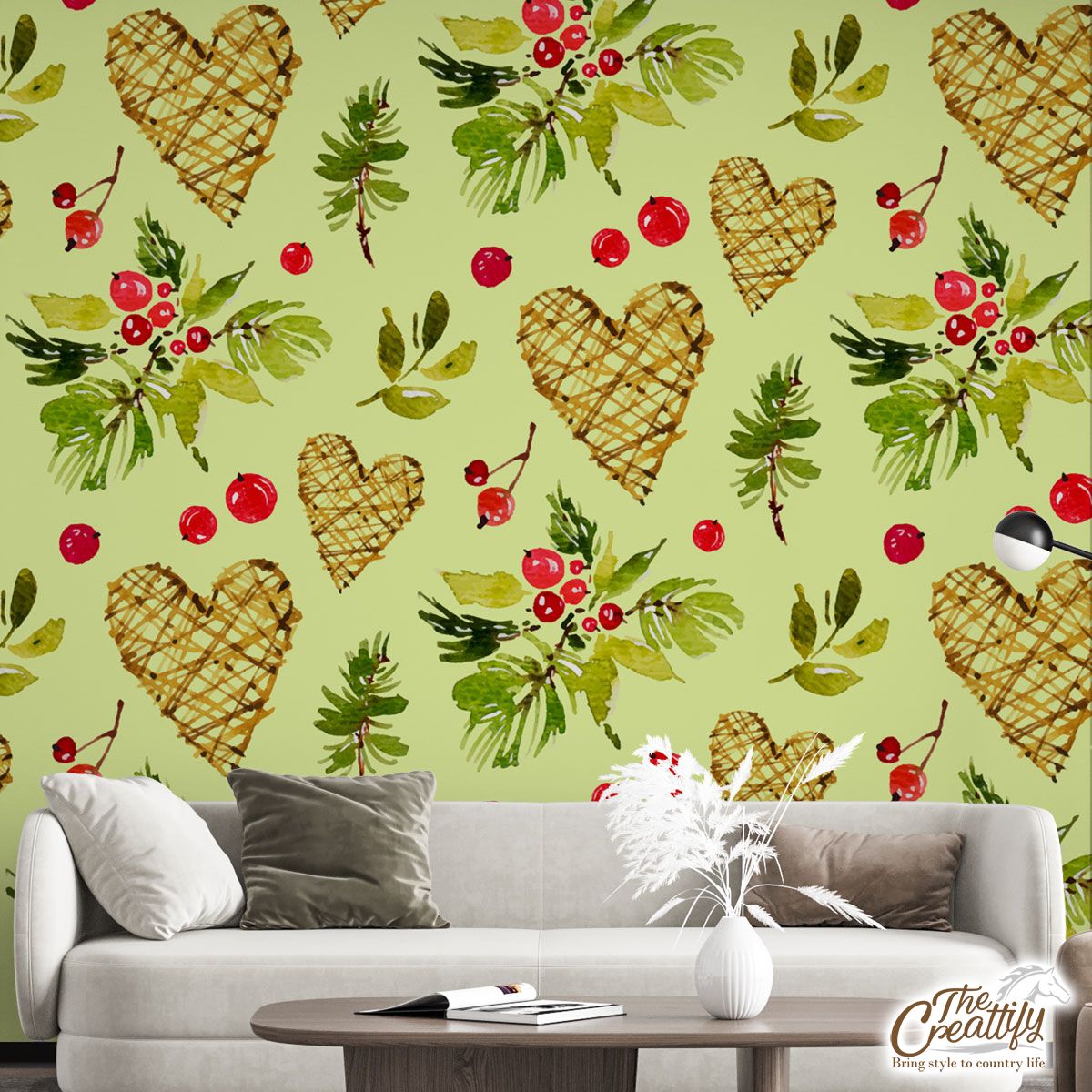 Christmas Mistletoe Drawing With Heart Seamless Pattern Wall Mural