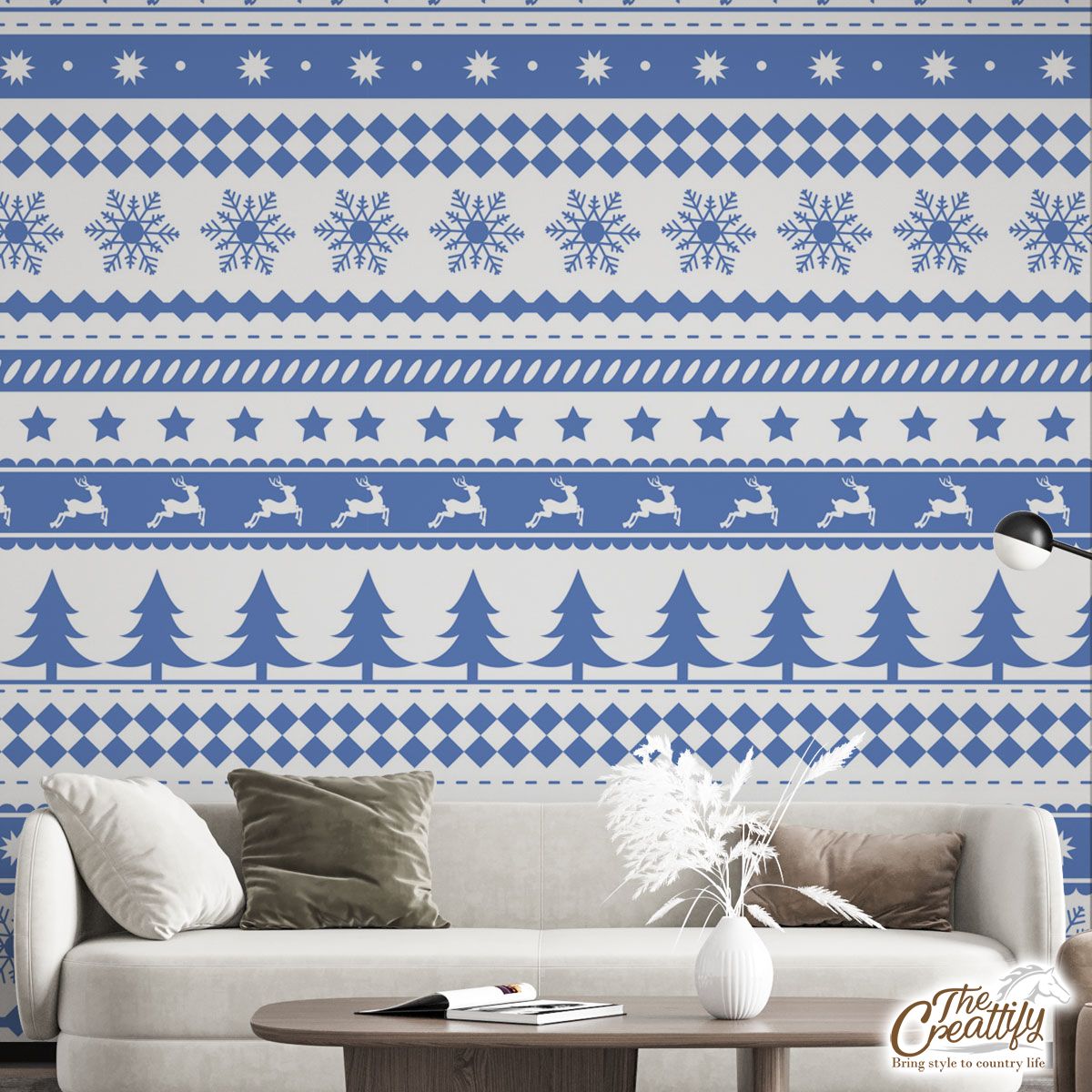 Christmas Pine Tree Silhouette, Reindeer And Snowflake Seamless Blue Pattern Wall Mural
