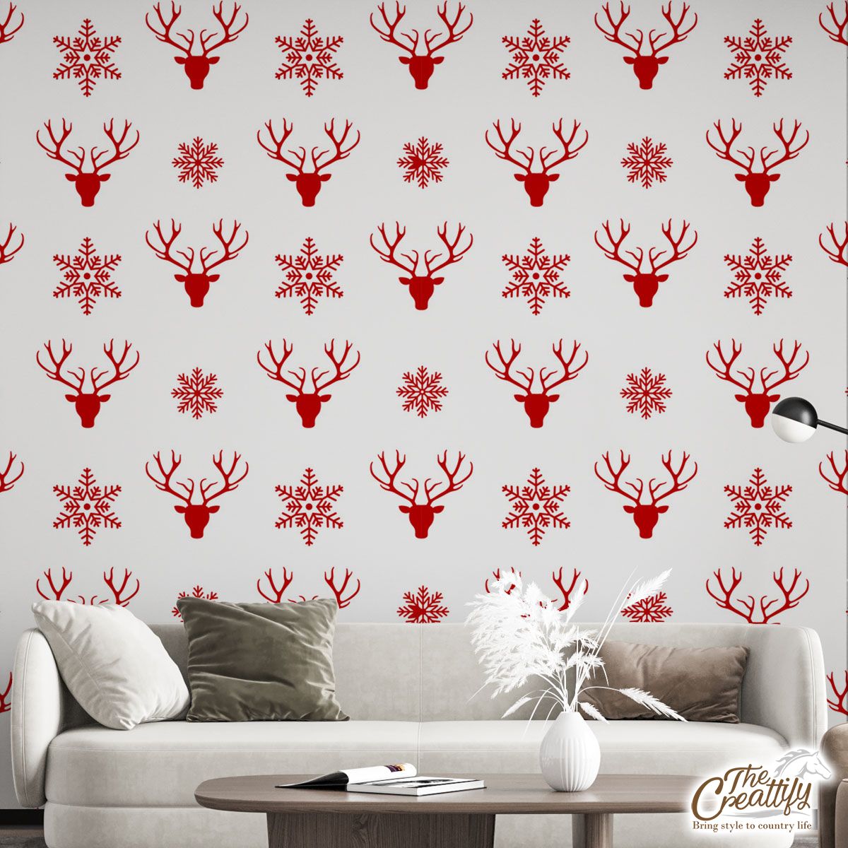 Christmas Reindeer And Snowflake Clipart Seamless White Pattern Wall Mural