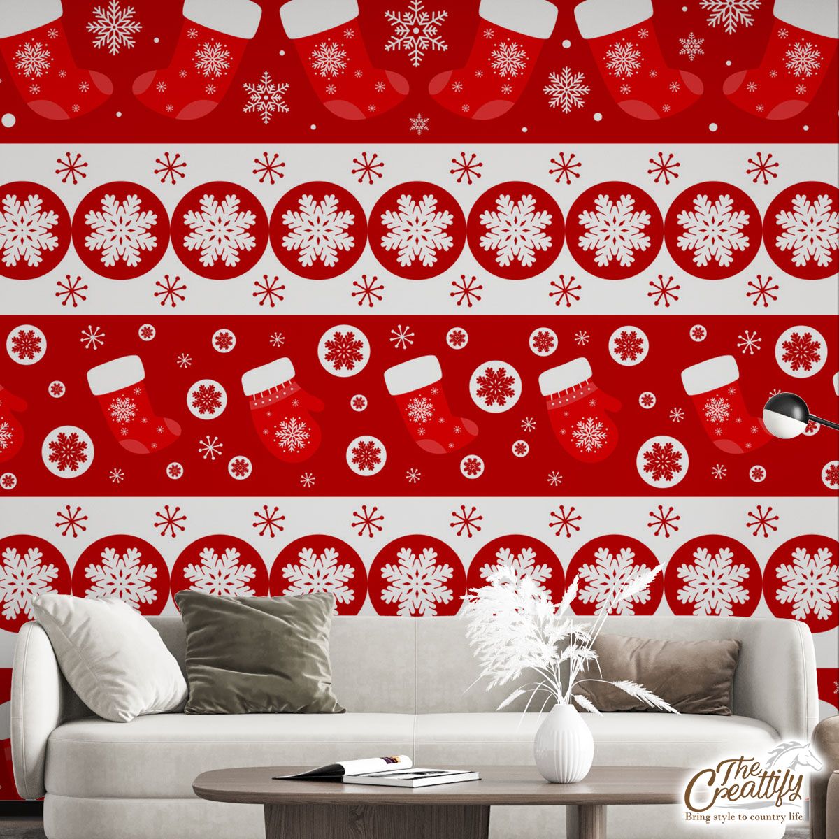 Christmas Wool Gloves, Red Socks And Snowflake Red Pattern Wall Mural