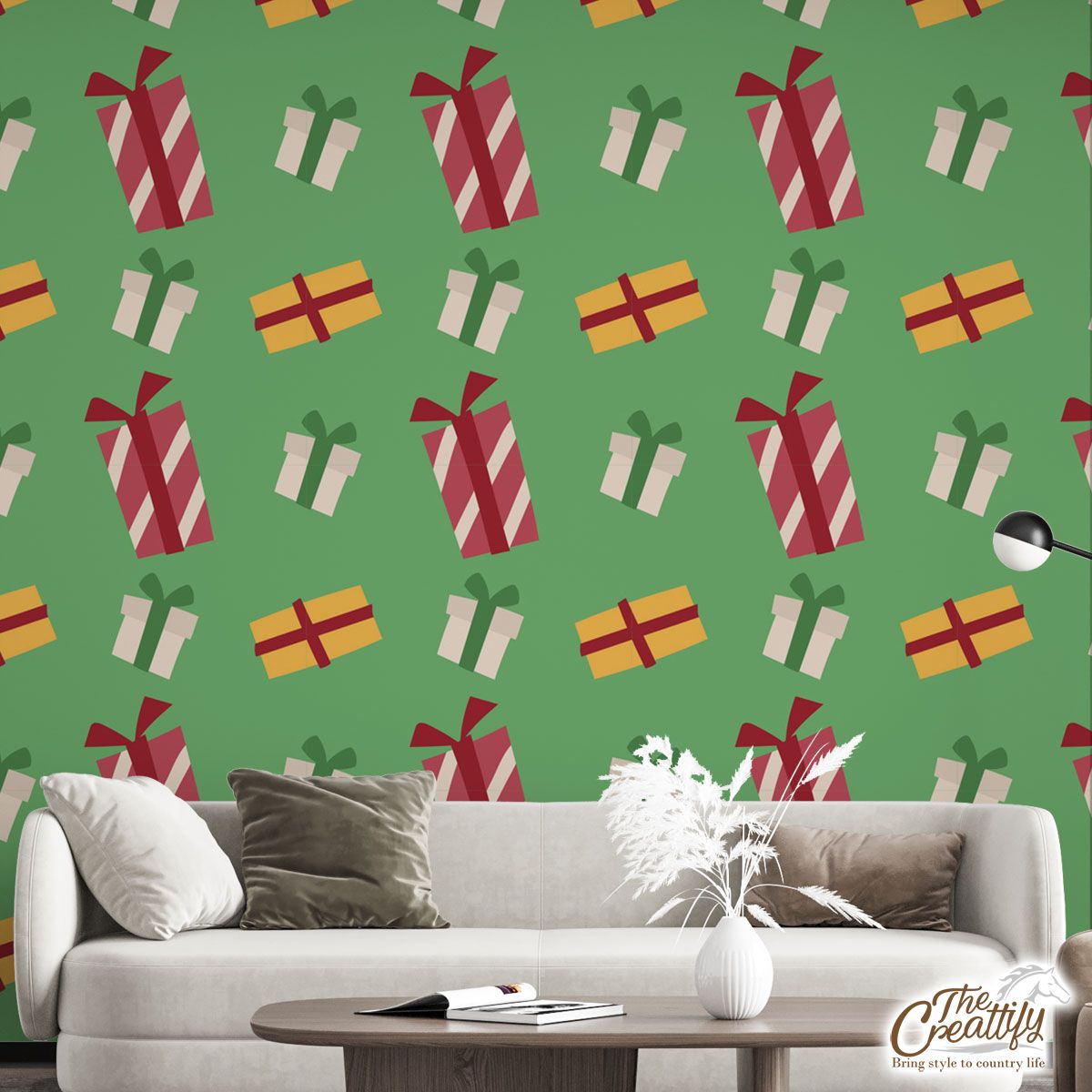 Colorful Christmas Gifts Seamless Green Pattern Wall Mural