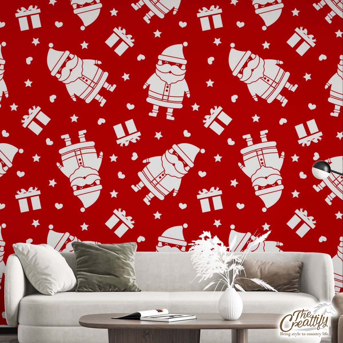 Cute Santa Claus With Christmas Gifts On The Red Background Wall Mural