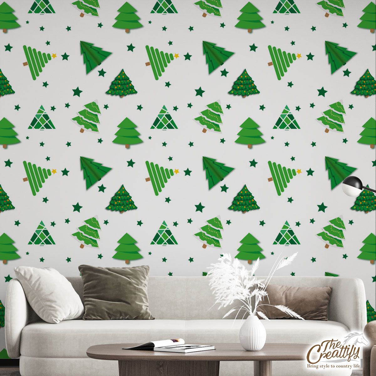 Green And White Pine Tree Seamless Pattern Wall Mural
