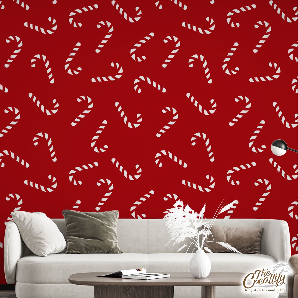 Happy Christmas With Candy Canes Seamless Red Pattern Wall Mural