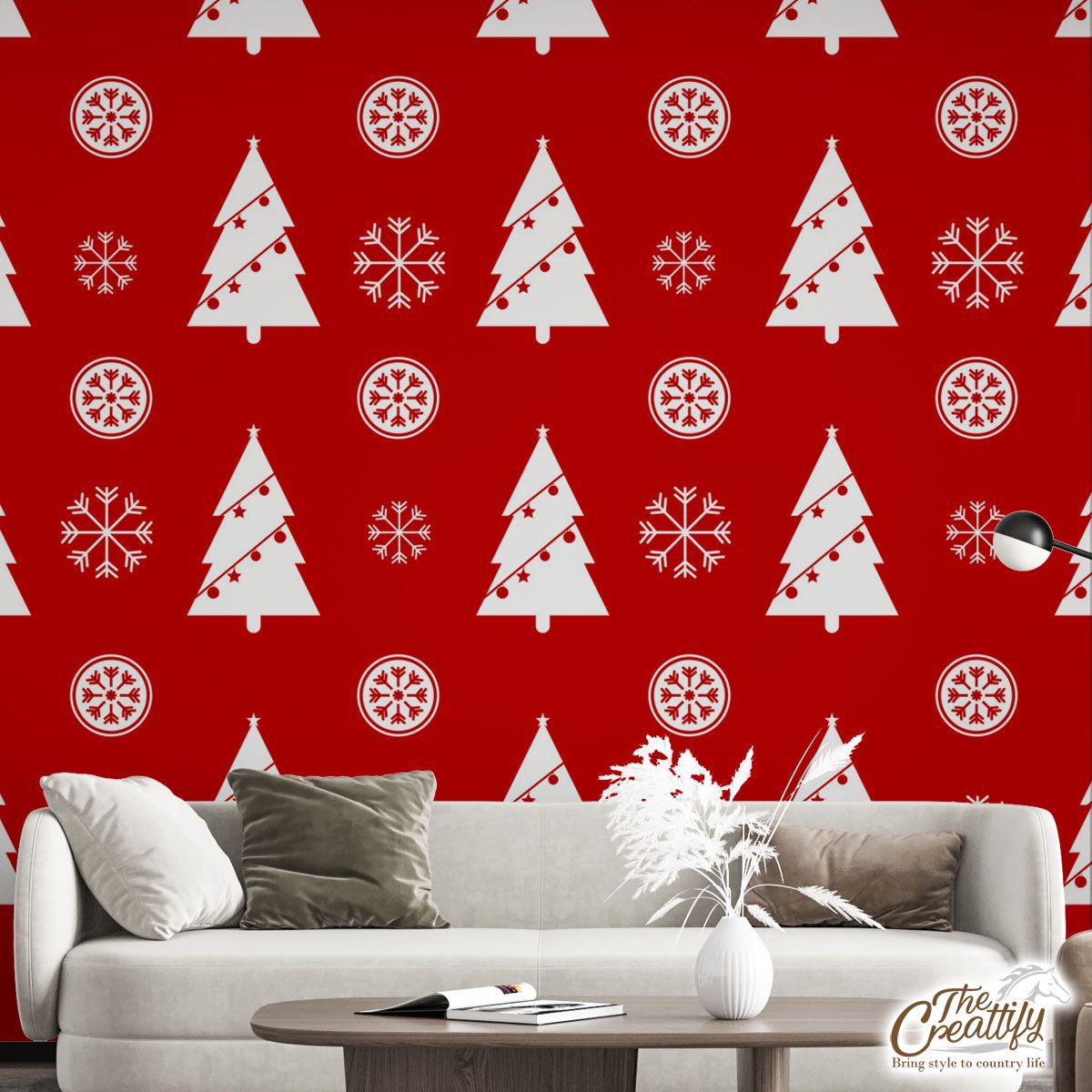 Pine Tree Decorated With Christmas Light And Snowflake Seamless Red Pattern Wall Mural