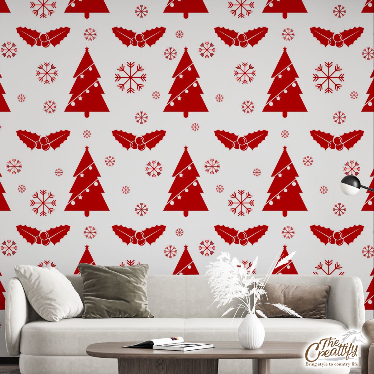 Pine Tree With Christmas Light And Holly Left On The Snowflake Background Wall Mural