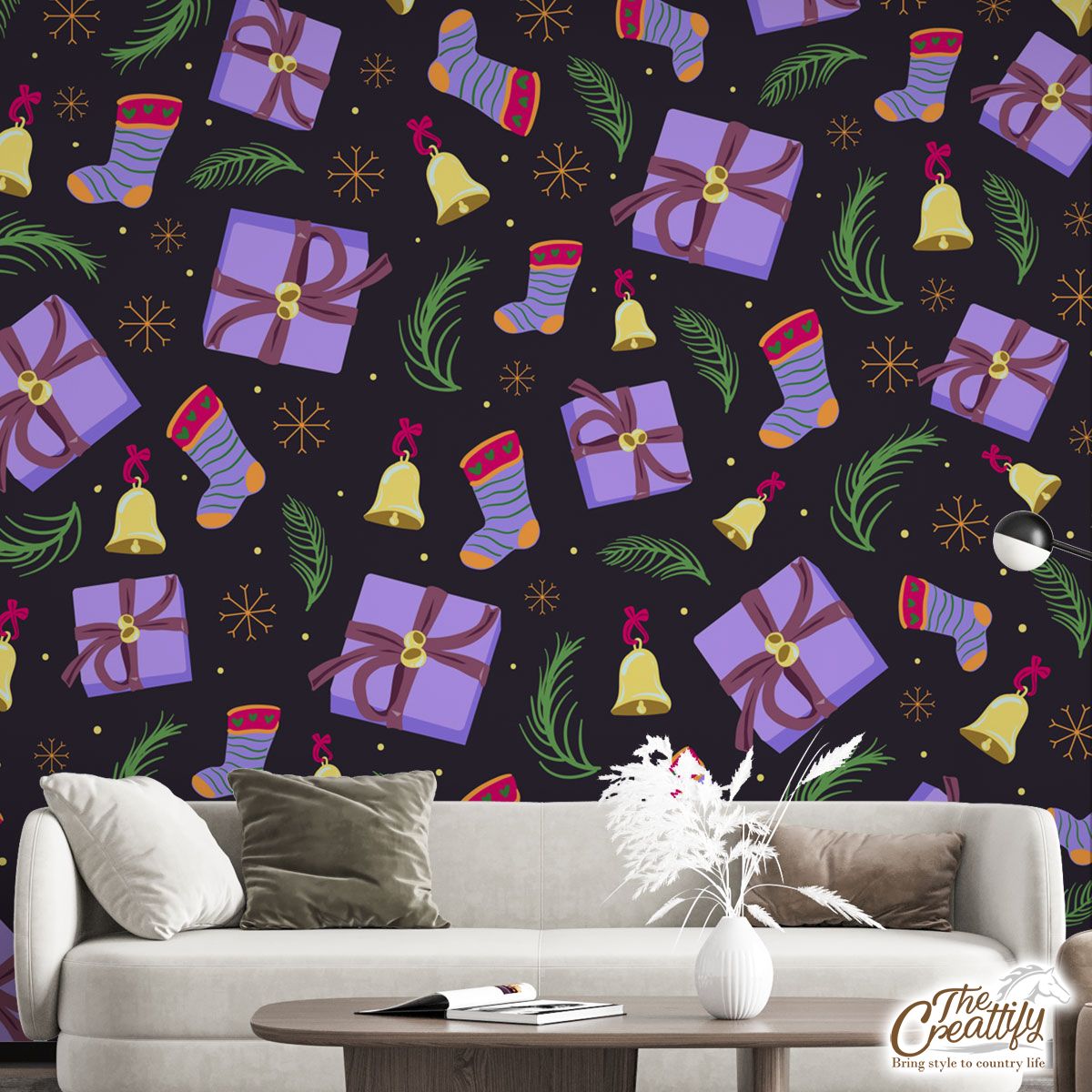 Purple Christmas Gifts And Socks With Bells On The Snowflake Dark Background Wall Mural