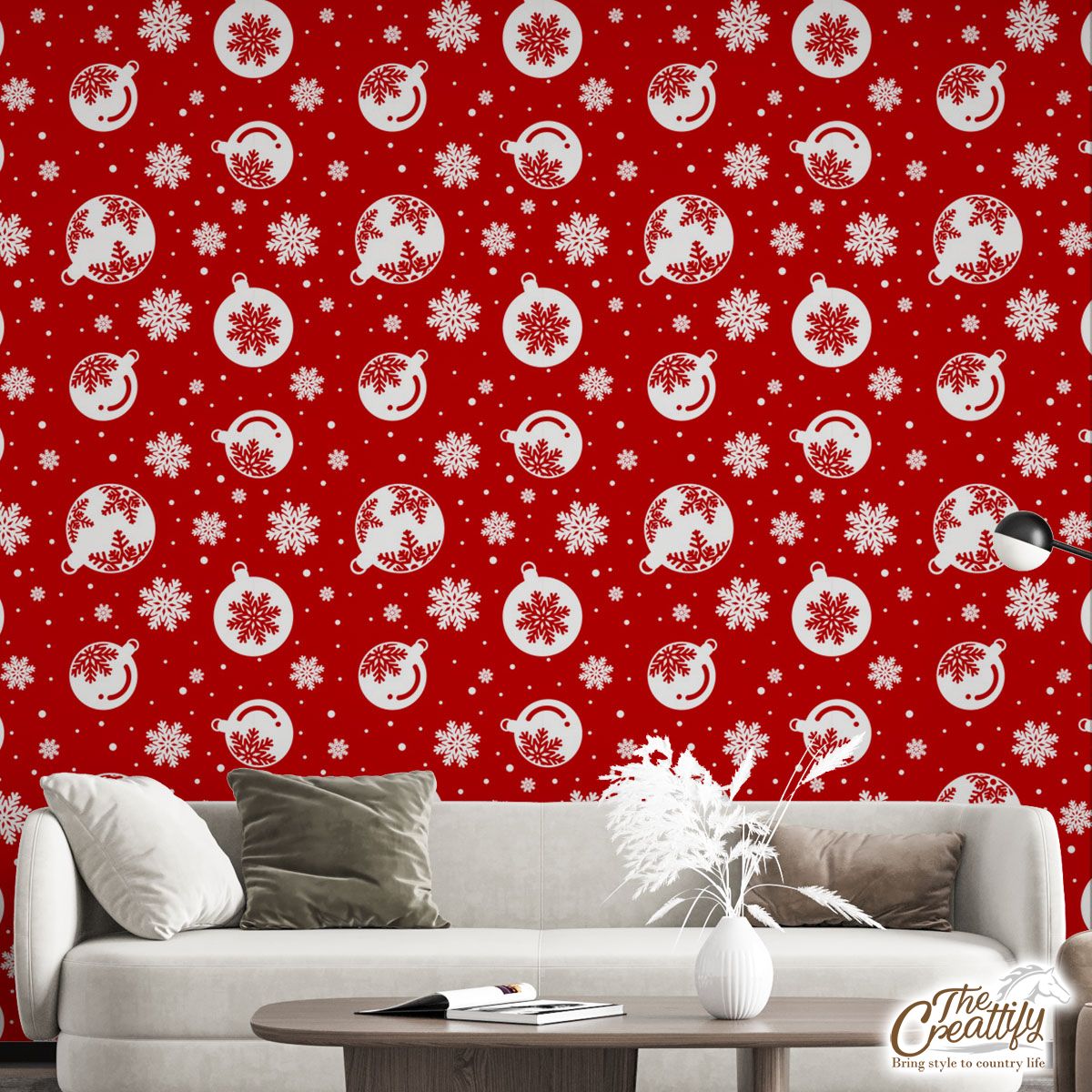 Red And White Christmas Balls On The Snowflake Background Wall Mural