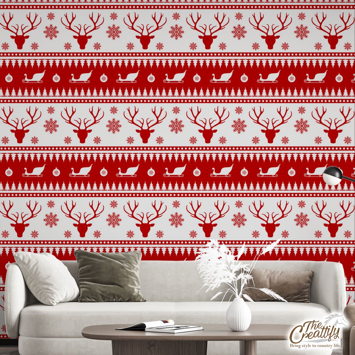 Red And White Reindeer, Santa Sleigh, Christmas Balls On The Snowflake Background Wall Mural
