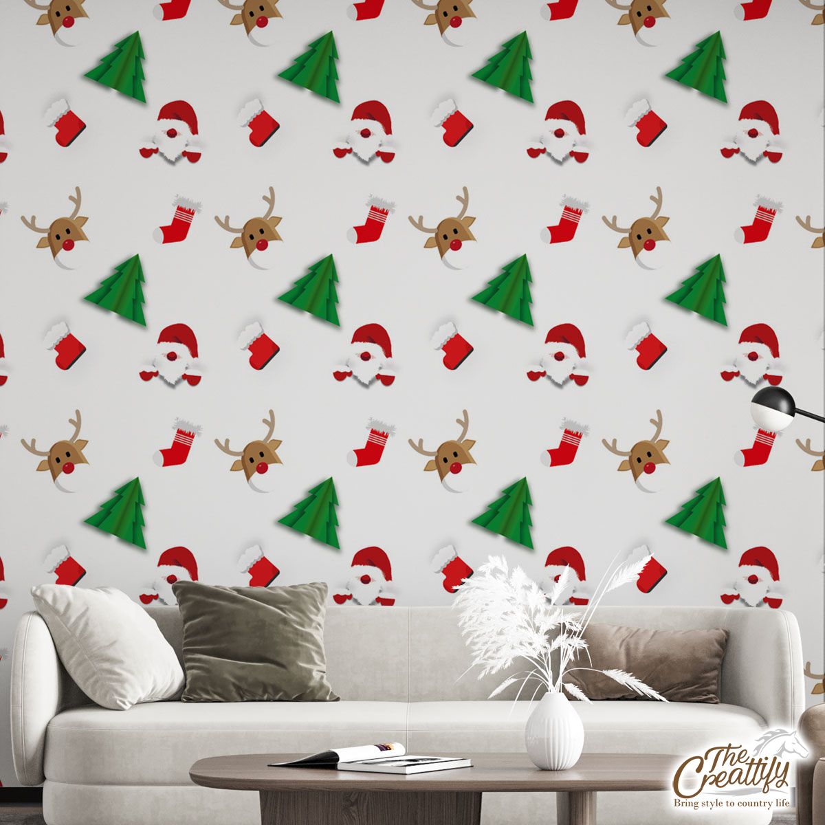 Santa Claus, Pine Tree Silhouette, Christmas Reindeer And Red Socks Seamless Pattern Wall Mural
