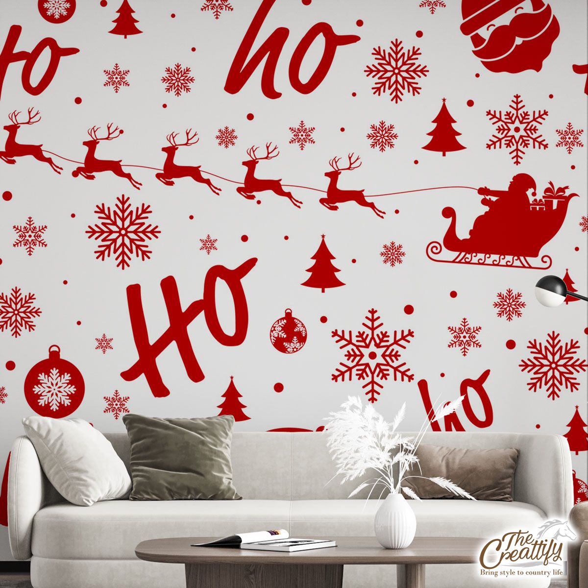 Santa Claus, Santas Reindeer And Christmas Sleigh On The Snowflake Background Wall Mural