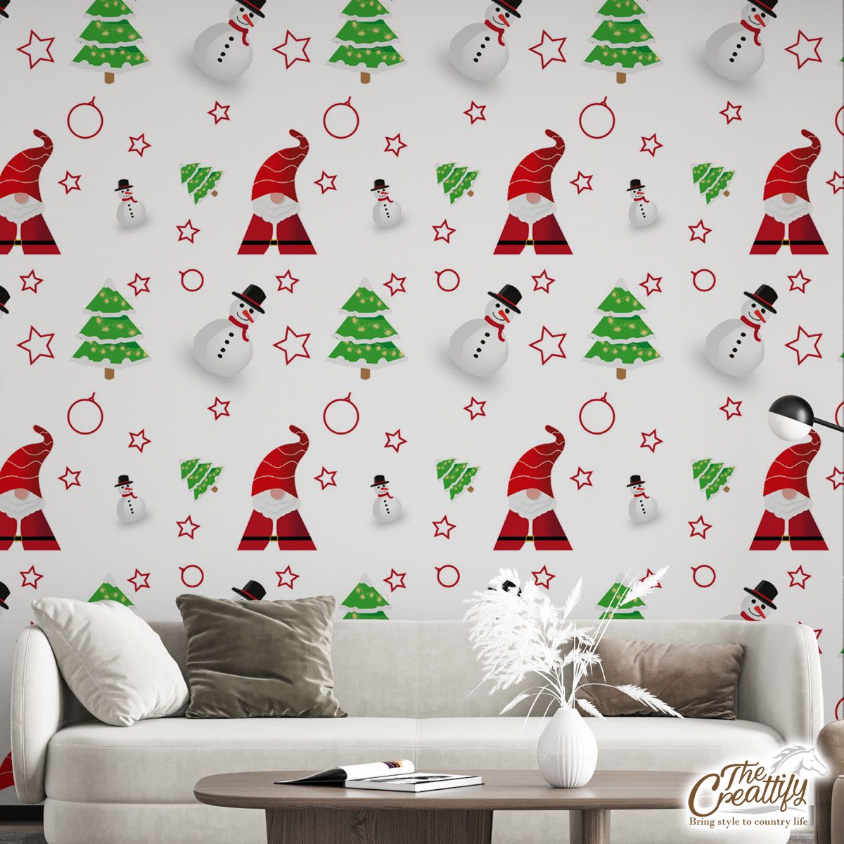 Santa Claus, Snowman Clipart And Pine Tree Silhouette Seamless Pattern Wall Mural