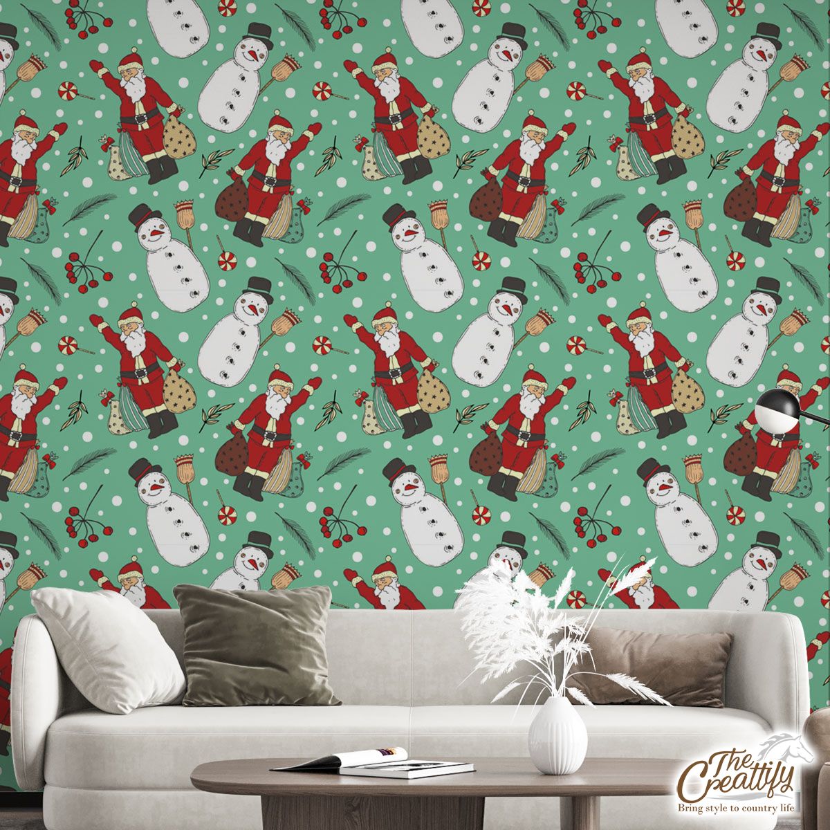 Santa Claus, Snowman Clipart Seamless Pattern Wall Mural