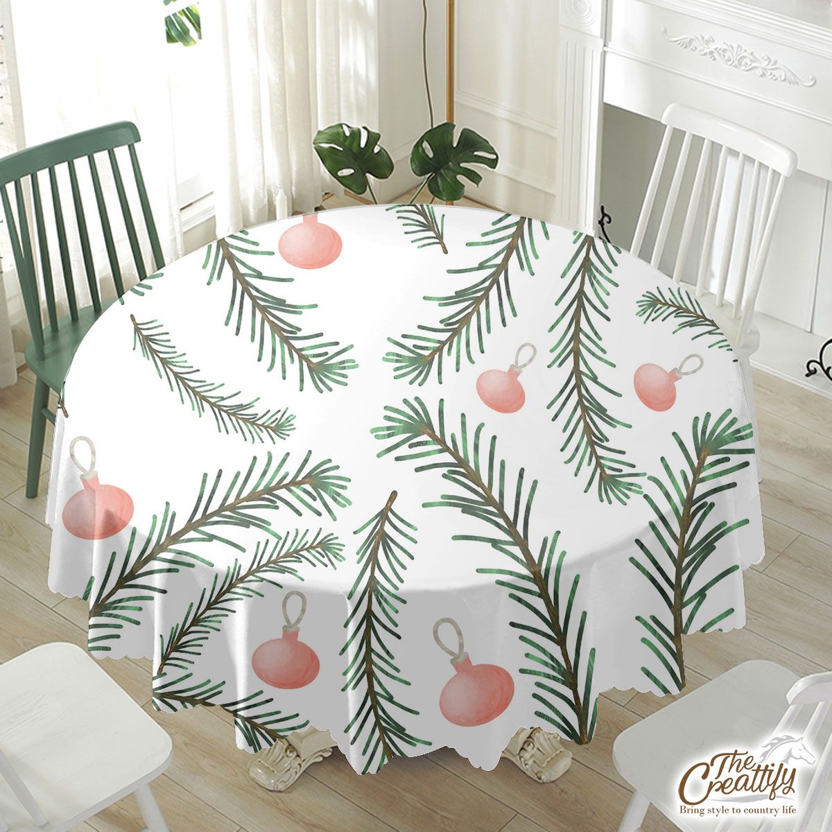 Christmas Balls, Christmas Tree Branches White Pattern Waterproof Tablecloth