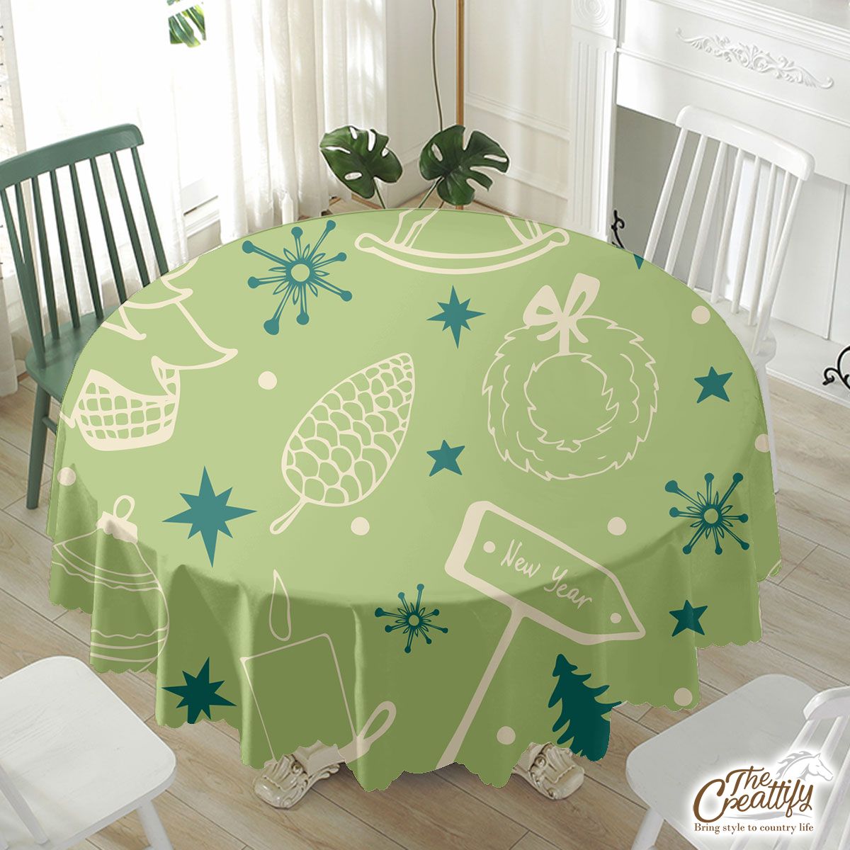 Christmas Balls, Pine Tree Silhouette On The Snowflake Background Waterproof Tablecloth