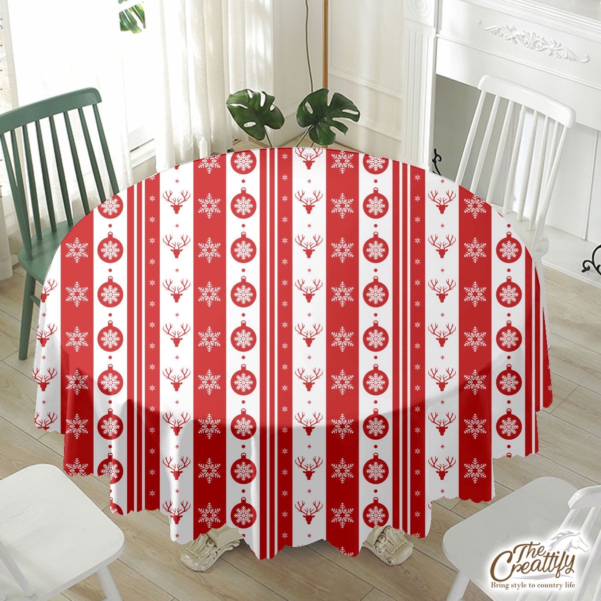 Christmas Balls, Reindeer, Snowflake Clipart Red And White Stripe Pattern Waterproof Tablecloth