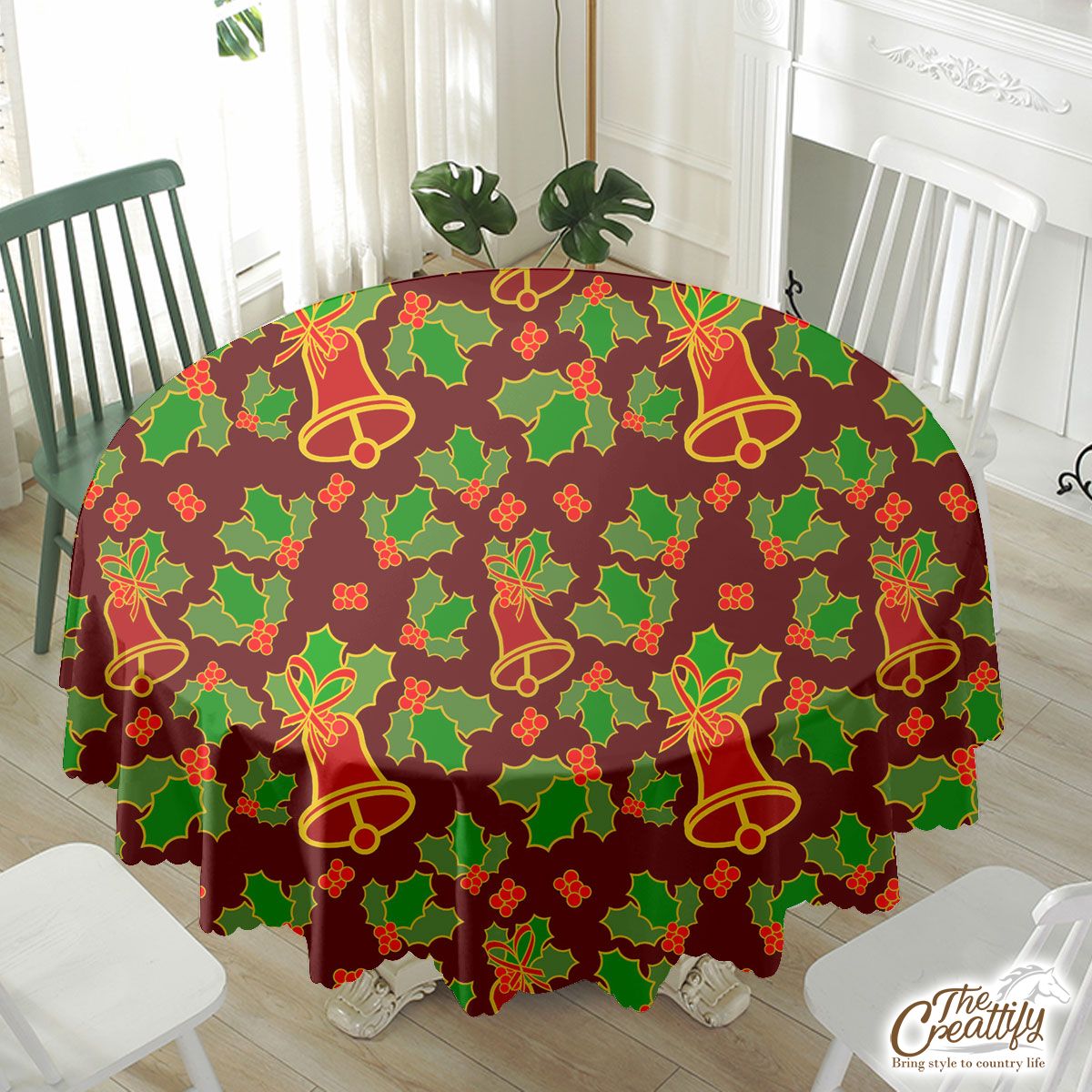 Christmas Bells And Holly Left On The Red Background Waterproof Tablecloth