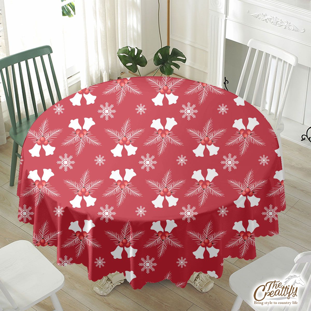 Christmas Bells With Cranberries On The Snowflake Red Background Waterproof Tablecloth