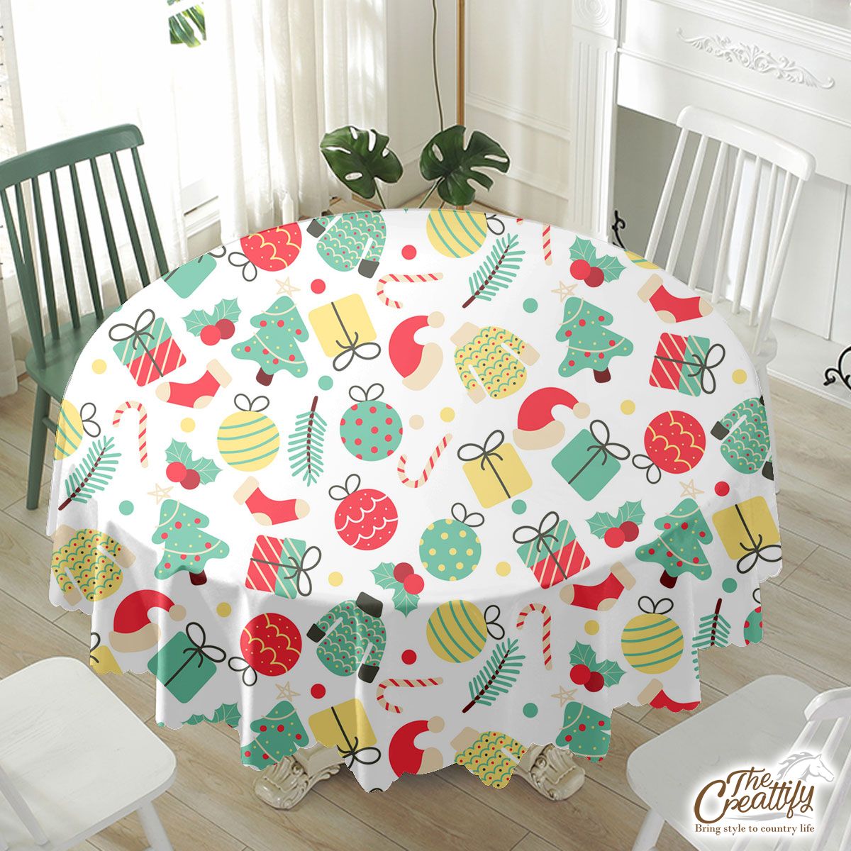 Christmas Gifts, Balls, Santa Hat, Red Socks, Candy Canes, Pattern Waterproof Tablecloth