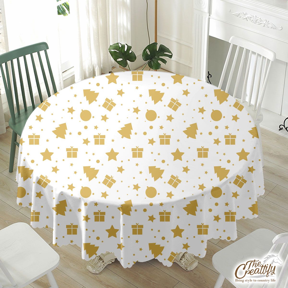 Christmas Gifts, Baudles And Pine Tree Silhouette Filled In Gold Color Pattern Waterproof Tablecloth